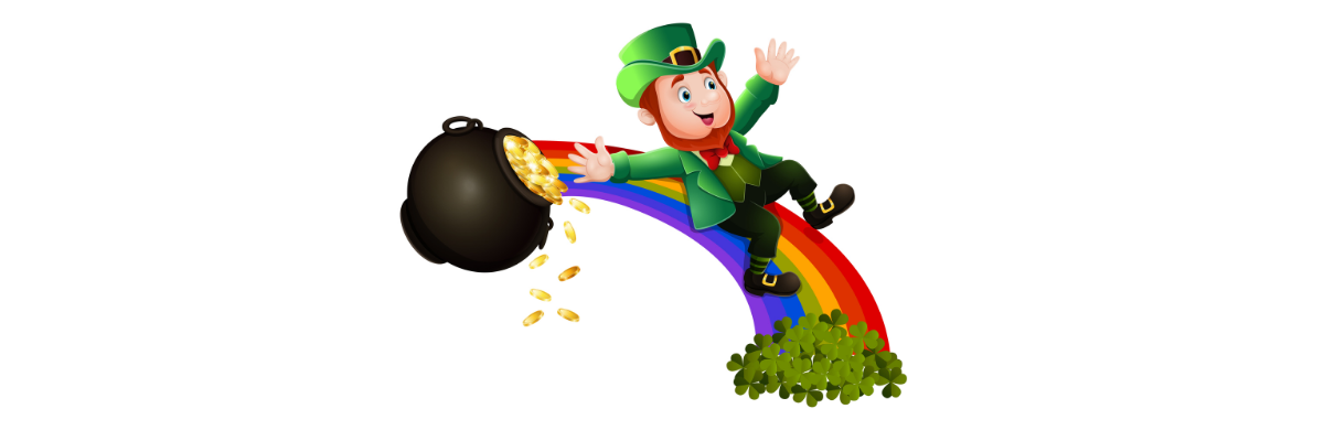 A cartoon leprechaun slides down a rainbow, tipping a pot of gold coins that spill onto a pile of shamrocks.