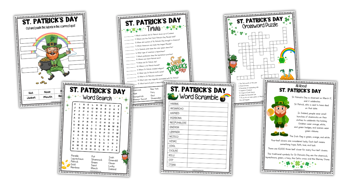 Six printable St. Patrick’s Day activity sheets for kids, featuring a joke puzzle, trivia, crossword, word search, word scramble, and a short story with questions.