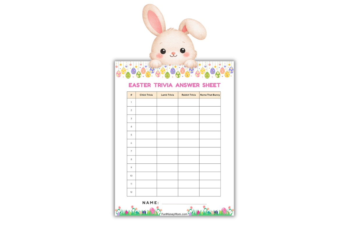 Easter trivia answer sheet with a cute cartoon bunny and colorful egg border at the top; features a table with columns for chicks, lambs, rabbits, and bunny-related trivia answers.