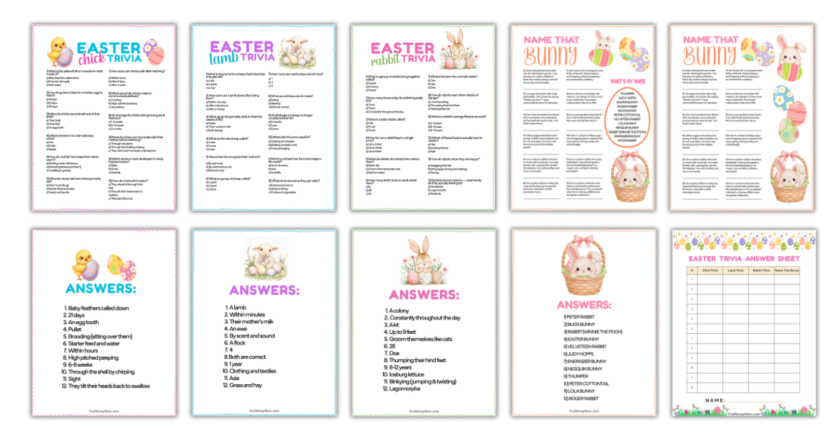A set of printable Easter-themed trivia and quiz sheets, each with colorful borders, illustrations of rabbits, eggs, and answer keys at the bottom.