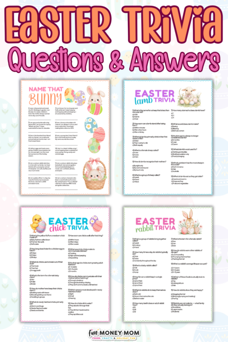 Easter trivia worksheet with four sections: Name That Bunny, Easter Lamb Trivia, Easter Chick Trivia, and Easter Rabbit Trivia, each featuring themed questions and illustrations.