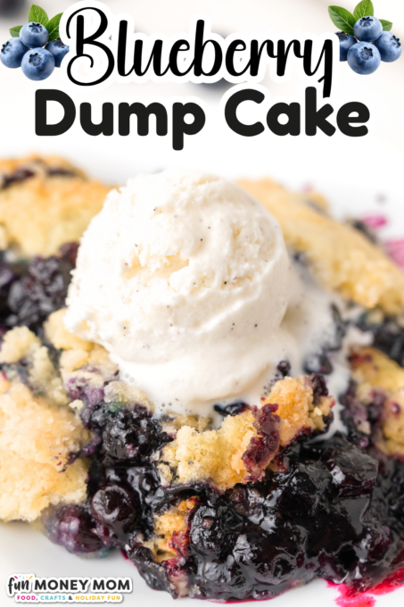 A serving of blueberry dump cake topped with a scoop of vanilla ice cream on a plate, with a "Blueberry Dump Cake" title above.