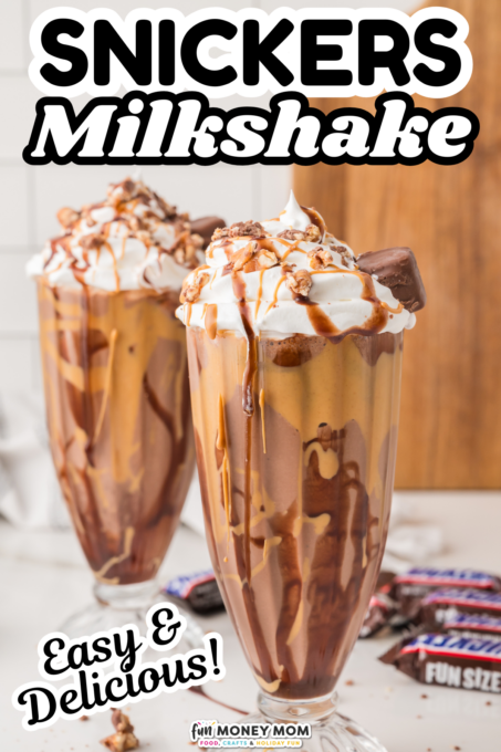 Two tall milkshakes topped with whipped cream, caramel, chocolate drizzle, and a Snickers bar, with text reading "SNICKERS Milkshake" and "Easy & Delicious!" in bold lettering.