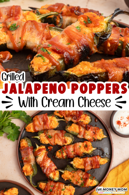 A plate of bacon-wrapped grilled jalapeño poppers filled with cream cheese, garnished with herbs, next to a small bowl of spices.