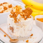 A clear glass bowl filled with Biscoff banana pudding, topped with Biscoff cookies, and cookie crumbs.