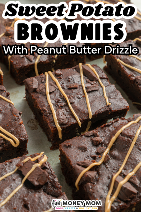 Close-up of sweet potato brownies cut into squares, topped with a peanut butter drizzle, arranged on a brown surface.