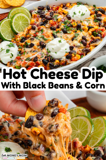 Baked hot cheese dip with black beans, corn, and melted cheese, topped with sour cream, served in a white dish with lime slices and tortilla chips.