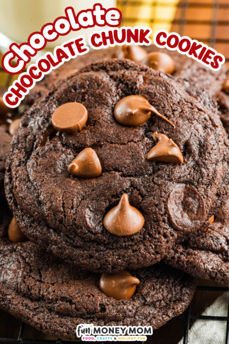 Stack of chocolate cookies with chocolate chips on a cooling rack, labeled "Chocolate Chunk Cookies" at the top.