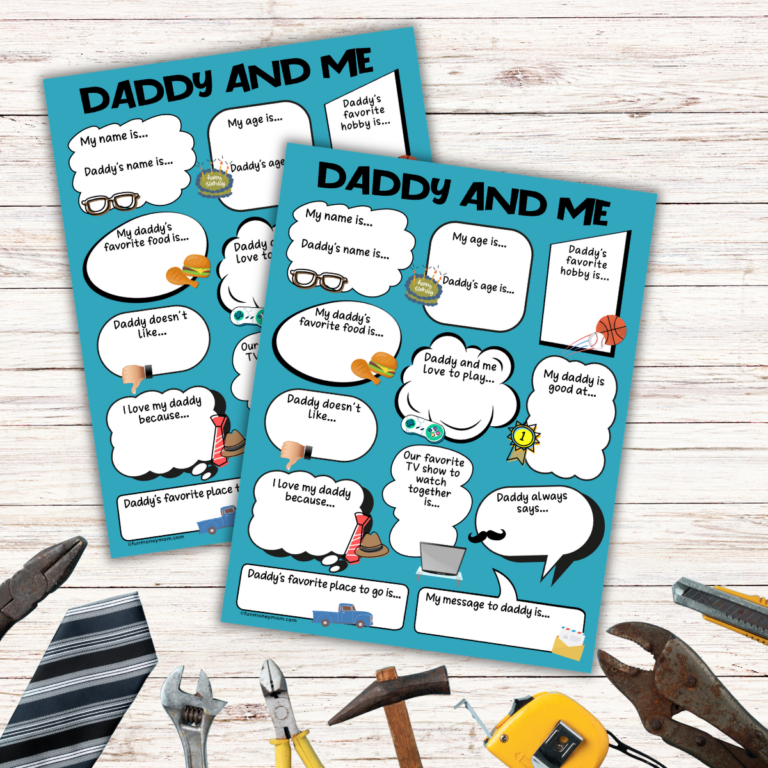 Two "Daddy and Me" fill-in-the-blank worksheets on a wooden surface, surrounded by a necktie, tools, and a toy tape measure.