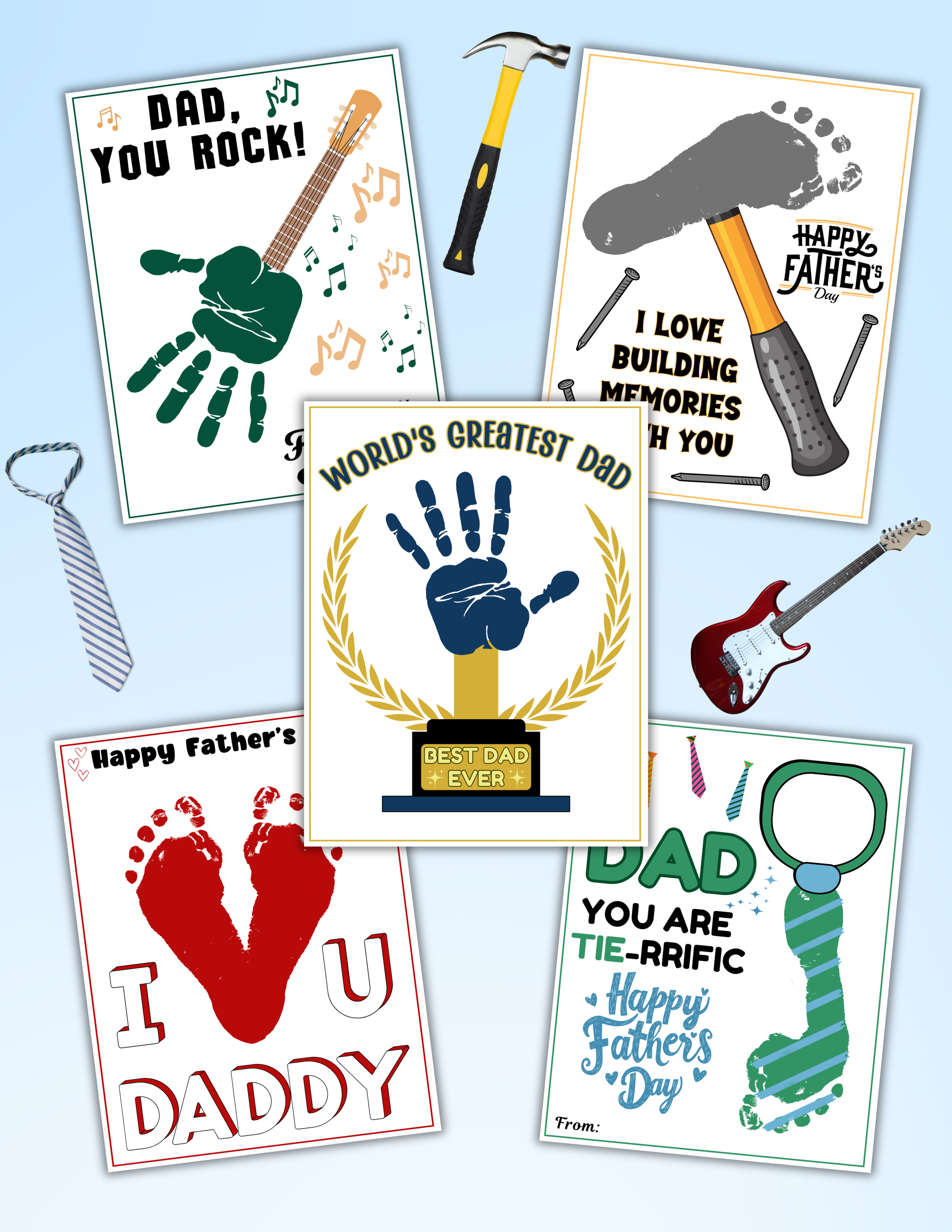 A collage of five Father's Day cards featuring handprint and footprint designs, musical instruments, a hammer, a necktie, and messages celebrating dads.