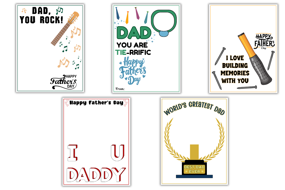 Five Father's Day card designs featuring various themes: music, tools, neckties, a trophy, and a message spelling "I love you Daddy" with different fonts and illustrations.