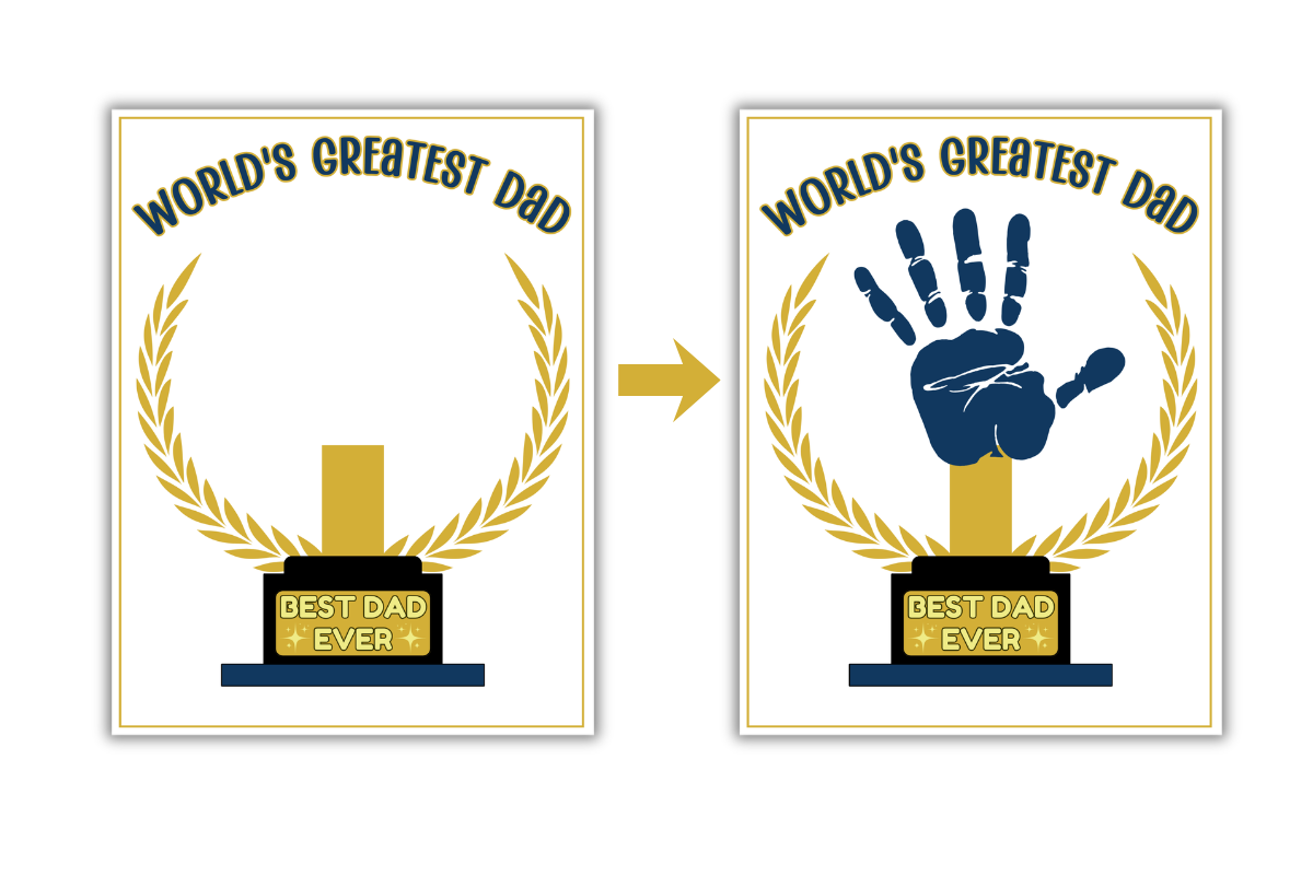 A "World's Greatest Dad" trophy illustration is updated by adding a blue handprint above the "Best Dad Ever" plaque, with a gold laurel wreath in the background.