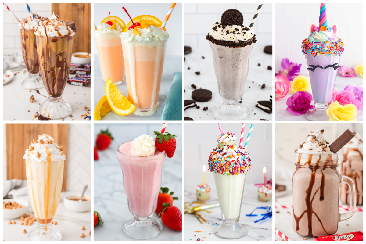 Eight colorful milkshakes in glass cups, each topped with whipped cream and various garnishes such as fruit, cookies, chocolate, and sprinkles, displayed on different backgrounds.