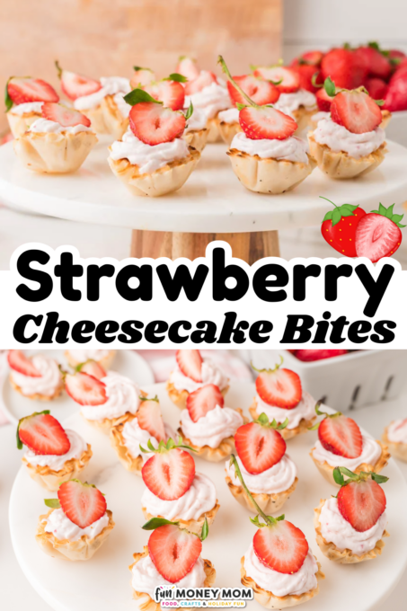 Mini strawberry cheesecake bites topped with fresh strawberry halves are arranged on white serving plates, displayed on a countertop for presentation.