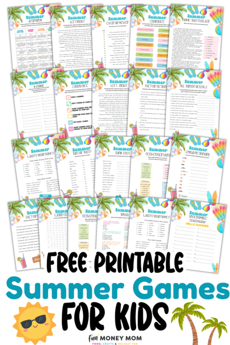 A collage of colorful printable summer-themed activity sheets for kids, including word searches, lists, and puzzles, with a title reading “Free Printable Summer Games For Kids.”.