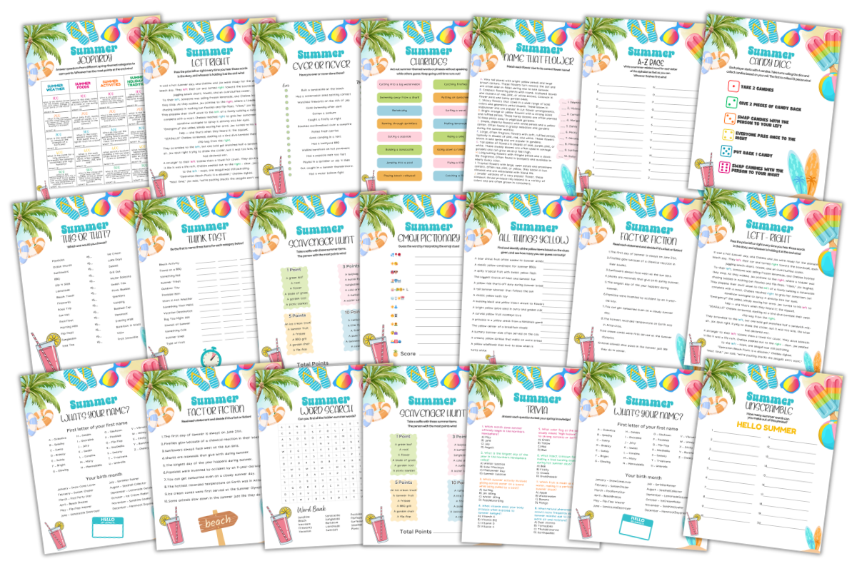 A collection of colorful summer-themed printable activity sheets, including checklists, word searches, and puzzles, arranged in four rows on a white background.
