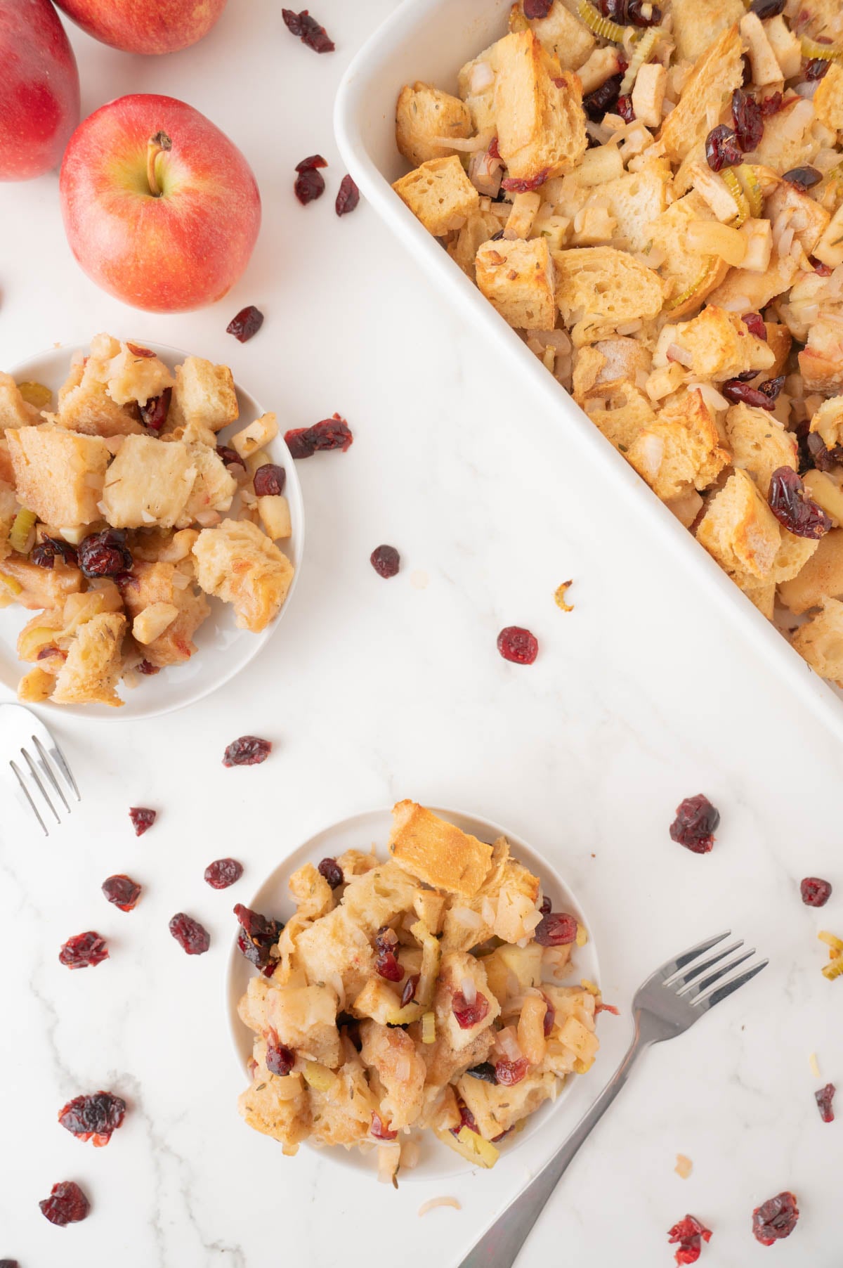 Two plates and a baking dish of bread pudding with apples and dried cranberries on a white surface, surrounded by apples and scattered cranberries, with two forks nearby.