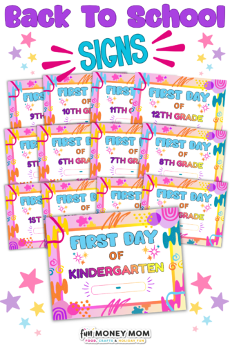 A collection of colorful “First Day of School” signs for each grade from kindergarten to 12th grade, displayed on a white background with decorative stars and shapes.