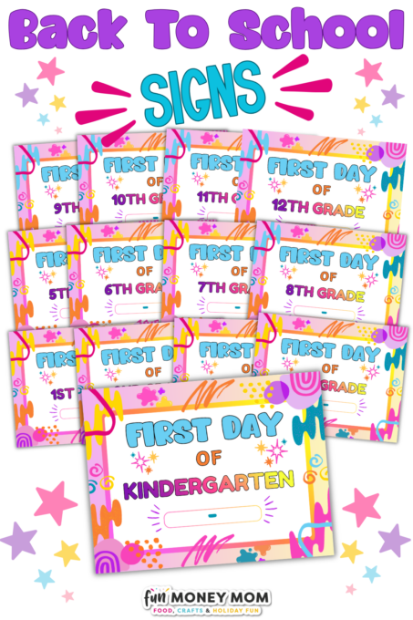 A collection of colorful “First Day of School” signs for each grade from kindergarten to 12th grade, displayed on a white background with decorative stars and shapes.