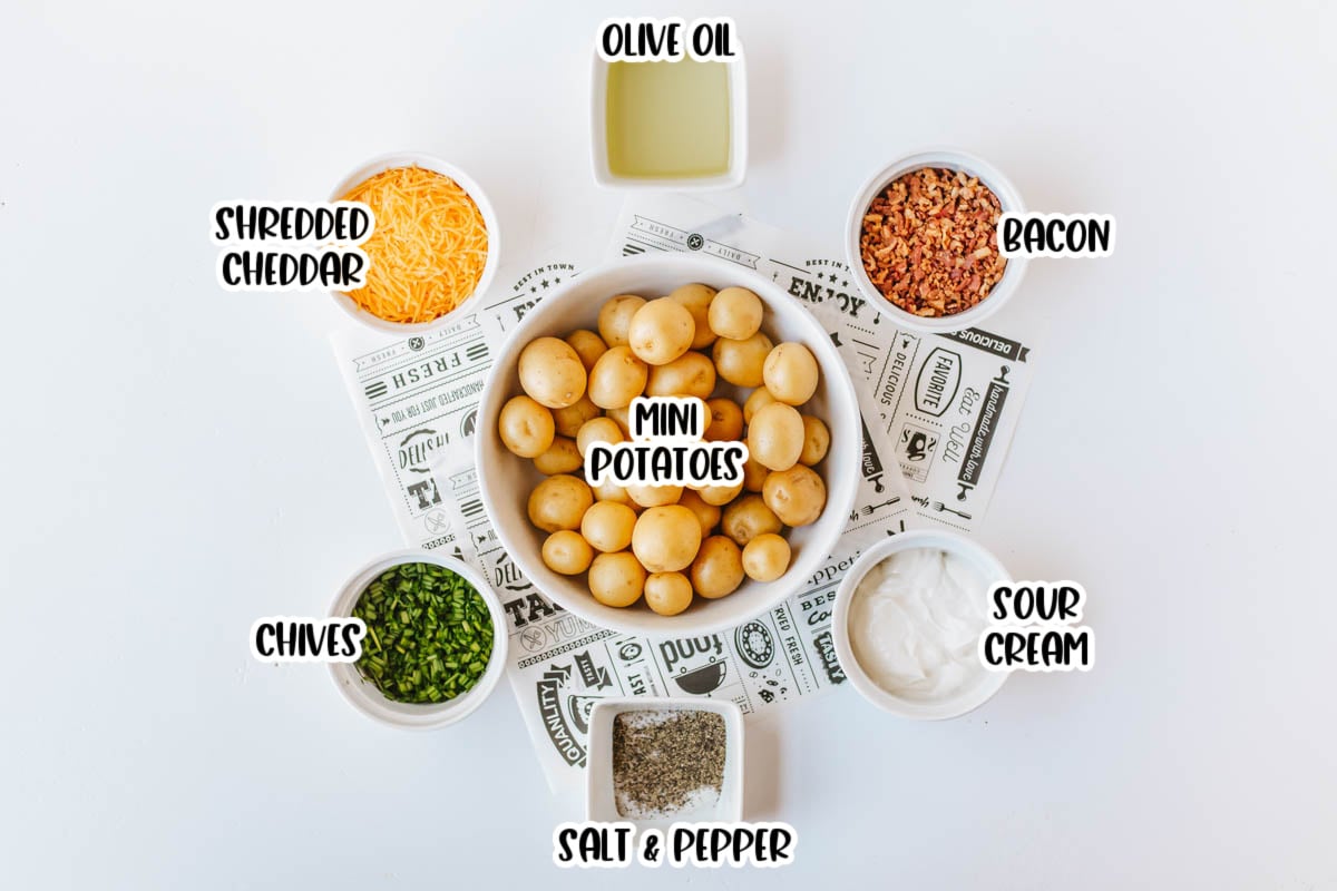 A bowl of mini potatoes surrounded by dishes of shredded cheddar, bacon, sour cream, chives, salt and pepper, and olive oil on a white surface.