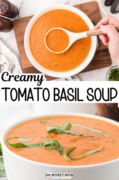 A bowl of creamy tomato basil soup, garnished with fresh basil leaves, with a hand holding a wooden ladle above the bowl.