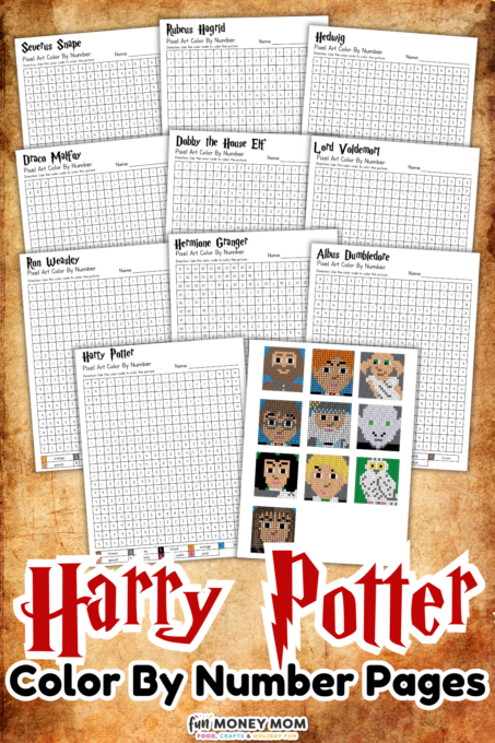 Nine Harry Potter character color-by-number worksheets with a sample showing completed pixel art portraits; text at the bottom reads “Harry Potter Color By Number Pages.”.