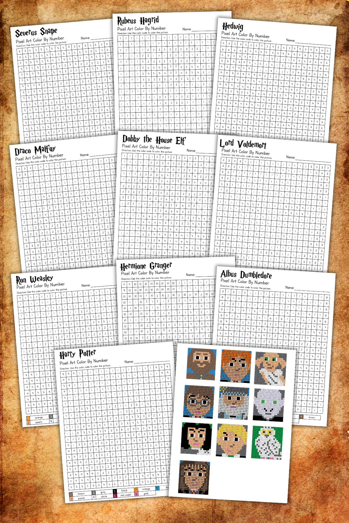 Nine Harry Potter character pixel art grids with numbered color keys and two completed color-by-number examples on a textured brown background.