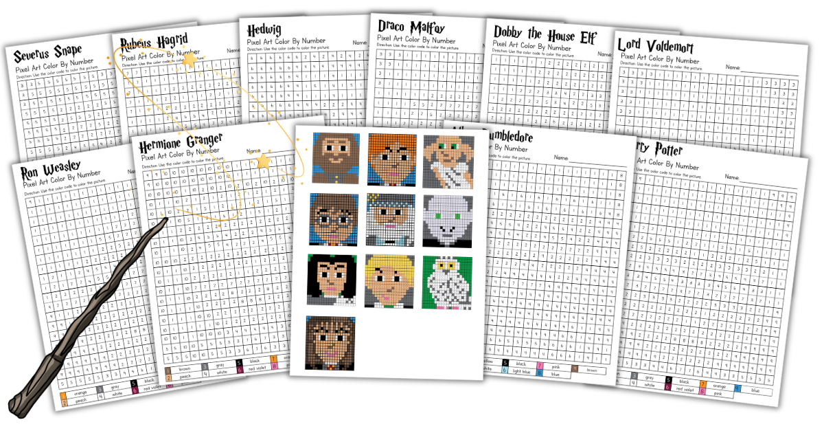 Nine Harry Potter-themed pixel art color-by-number worksheets and a wand, with a sheet in the center showing completed pixel portraits of eight characters and a white owl.
