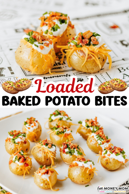 Mini baked potato bites topped with sour cream, shredded cheese, bacon bits, and chives are arranged on a white plate and tabletop with text overlay reading “Loaded Baked Potato Bites."