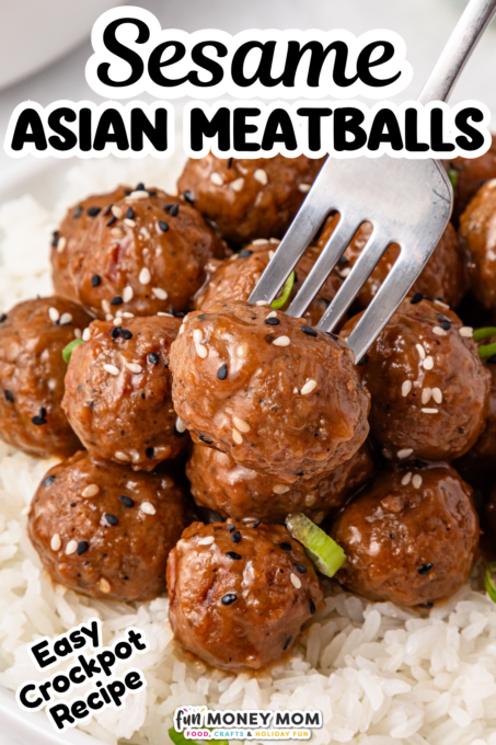 A fork lifts a glazed meatball covered in sesame seeds over a bowl of white rice, with text reading “Sesame ASIAN MEATBALLS Easy Crockpot Recipe.”