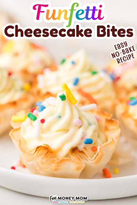 Text overlay on an image of mini cheesecake bites with sprinkles in phyllo shells reads: “Funfetti Cheesecake Bites, Easy No-Bake Recipe.” A logo for “Fun Money Mom” is at the bottom.
