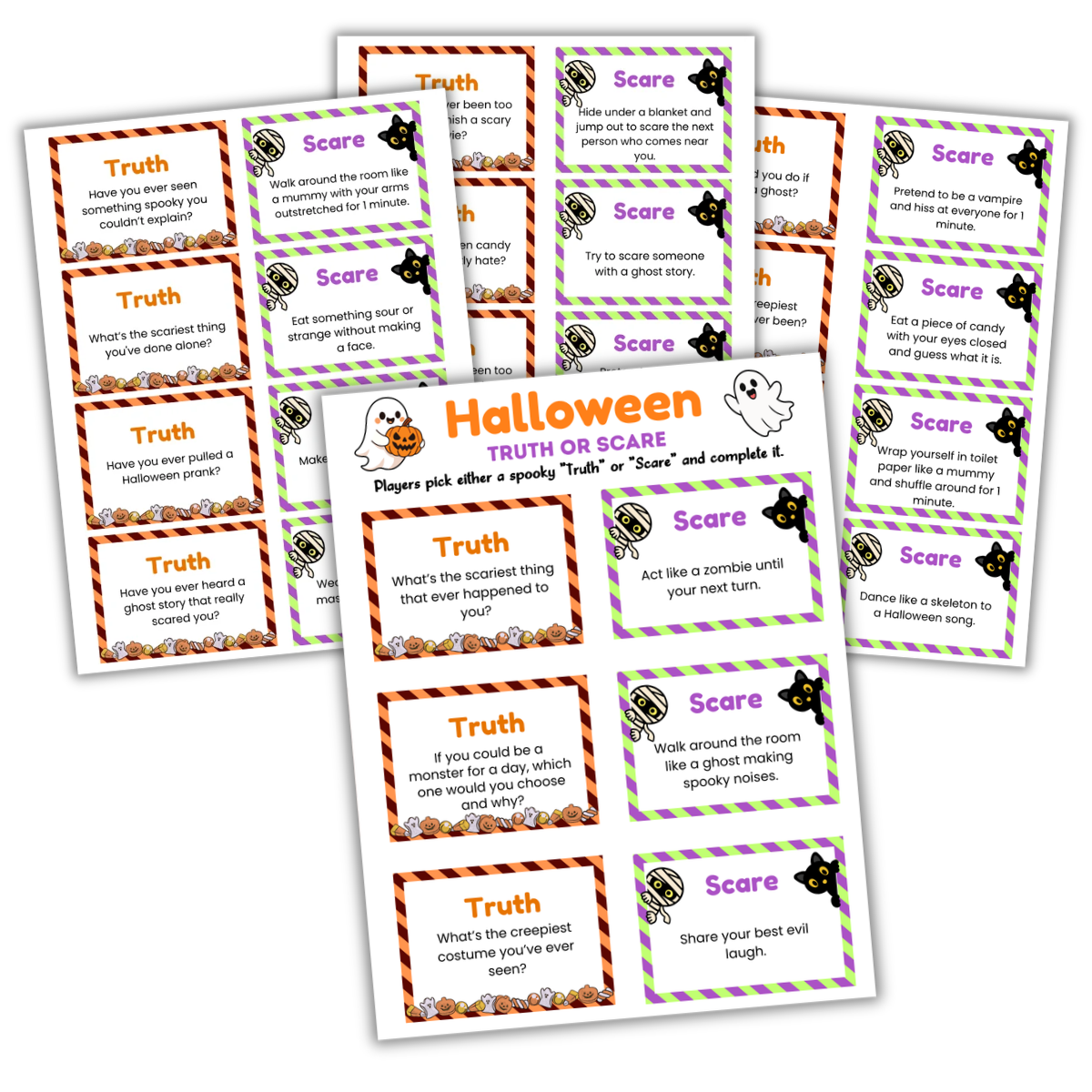 Halloween Truth or Dare game cards with spooky prompts and cartoon illustrations.