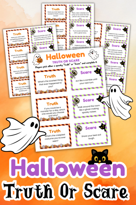Printable sheet of Halloween “Truth or Scare” game cards with prompts, decorated with cartoon ghosts, bats, and a black cat.