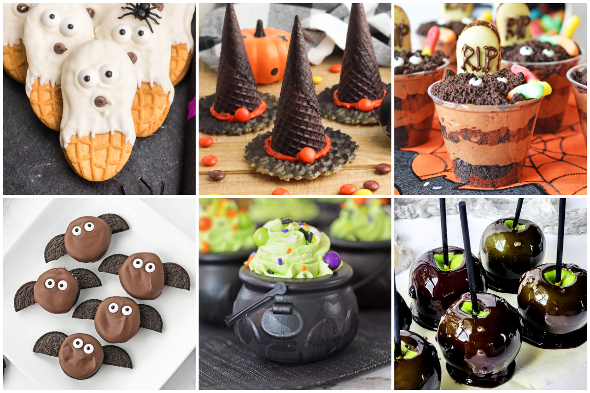 A collage of Halloween treats: ghost cookies, ice cream cone witch hats, chocolate pudding cups with gravestones, bat-shaped cookies, green mousse in mini cauldrons, and black candy apples.