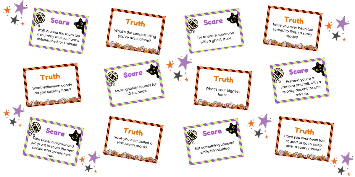 Twelve Halloween-themed Truth or Dare cards featuring questions and challenges surrounded by decorations of ghosts, cats, and pumpkins.